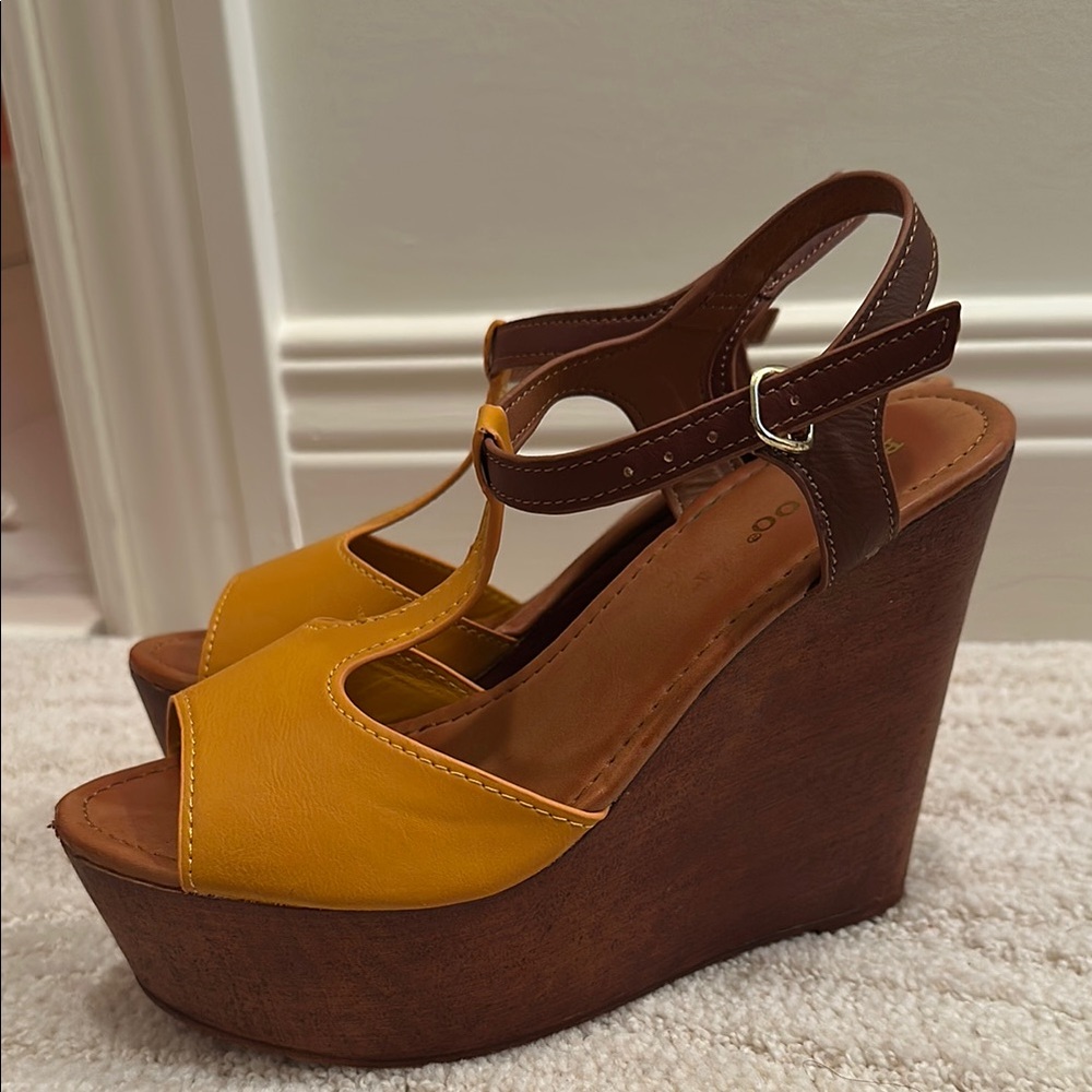 BAMBOO Yellow and Brown Wedge Sandals with Peep-Toe Design